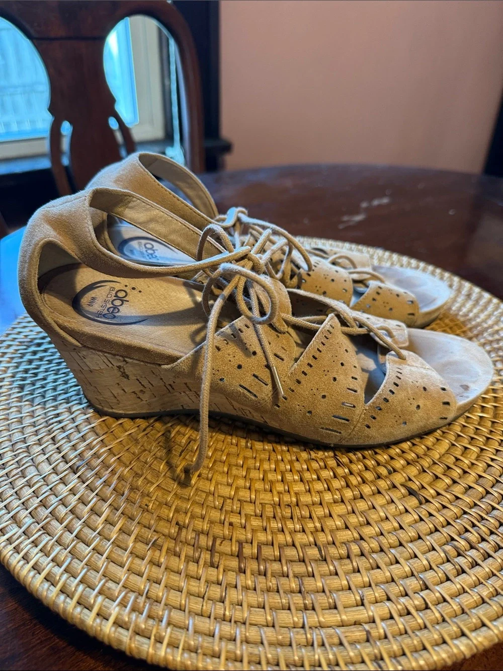 Abeo Tan Suede Lace-Up Cork‎ Wedge Sandals